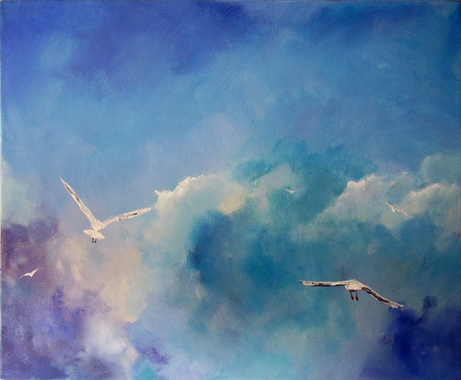 Картина маслом на холсте "Великолепные облака" Средняя часть триптиха