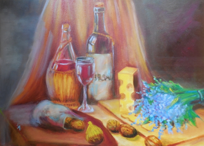 Картина маслом Натюрморт с сыром и вином