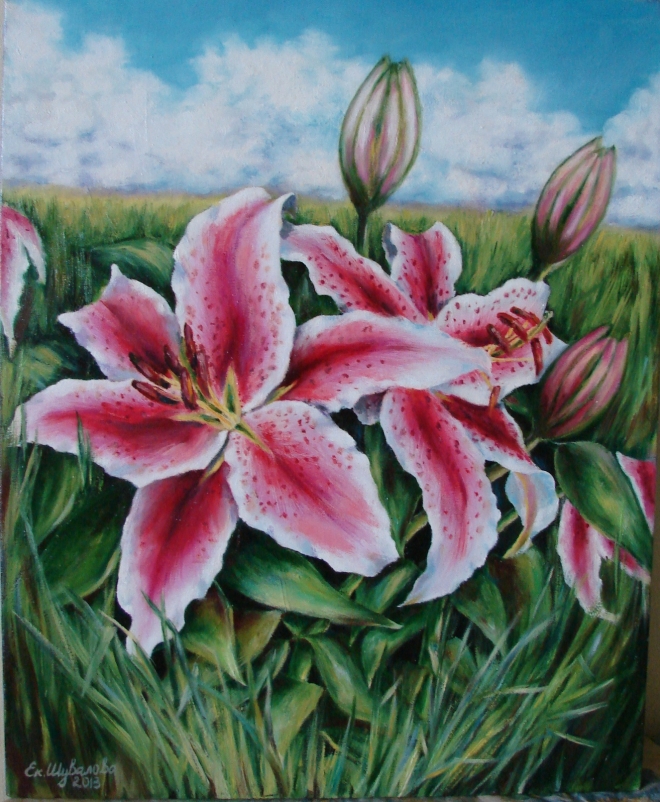 Картина маслом на холсте Лилии в траве