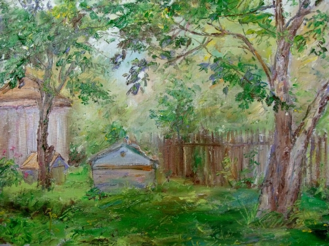 Картина маслом на холсте Ульи в саду