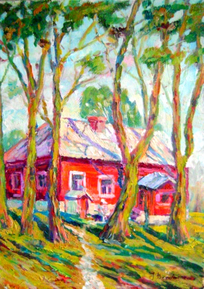 Картина этюд с красным домом