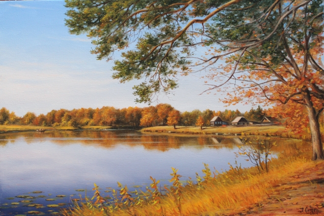 Картина маслом Осень в затоне