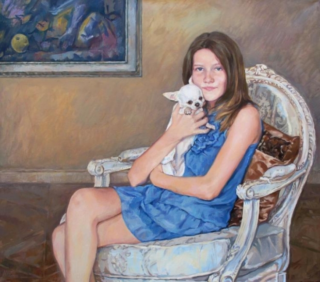 Картина маслом на холсте "Портрет Арины с собачкой"