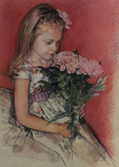 Картина "Девочка и хризантемы"