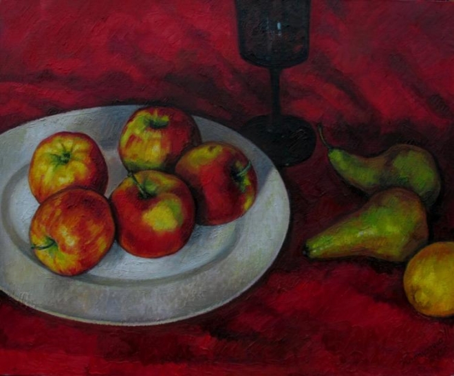 Картина маслом на холсте "Натюрморт с фужером и фруктами"