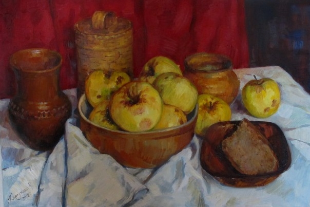 Картина маслом на холсте "Натюрморт с антоновскими яблоками"