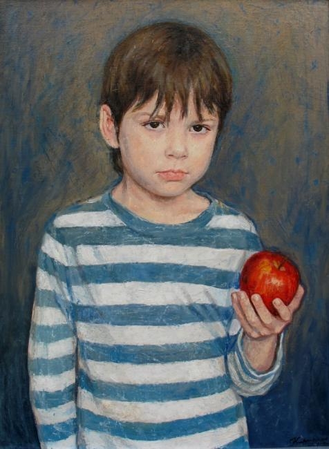 Картина маслом на холсте "Никита с яблоком"