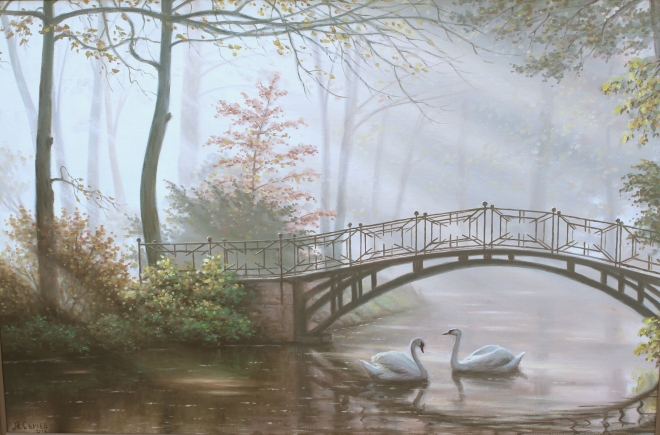 Картина маслом Пейзаж с лебедями