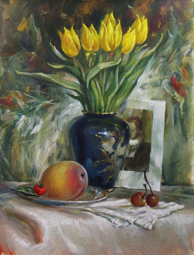 Картина маслом на холсте Натюрморт с желтыми тюльпанами