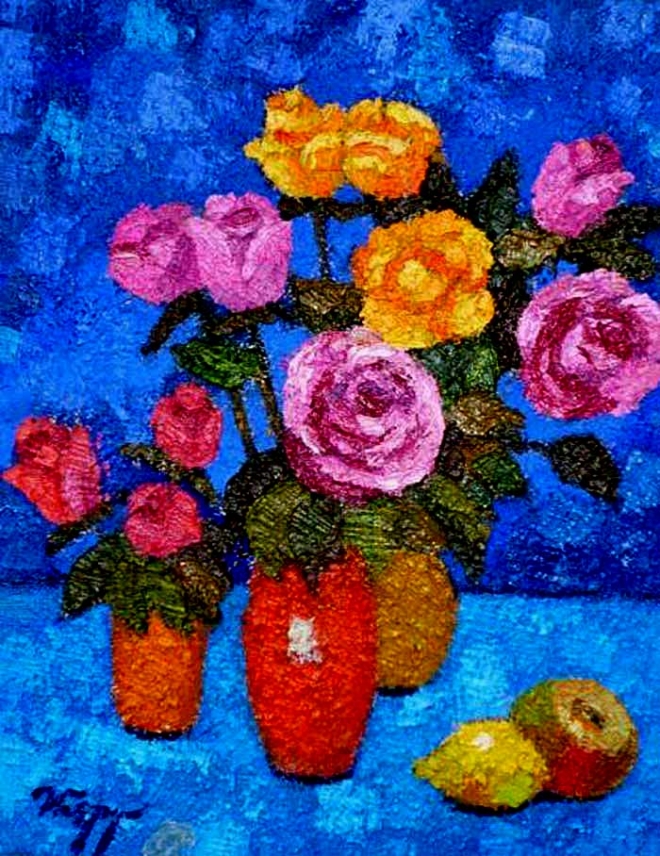 Картина маслом на холсте розы на синем