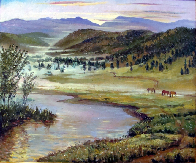 Картина маслом на холсте Вечер на реке Зилим.