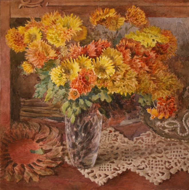 Картина акварелью Краски осени в букете хризантем