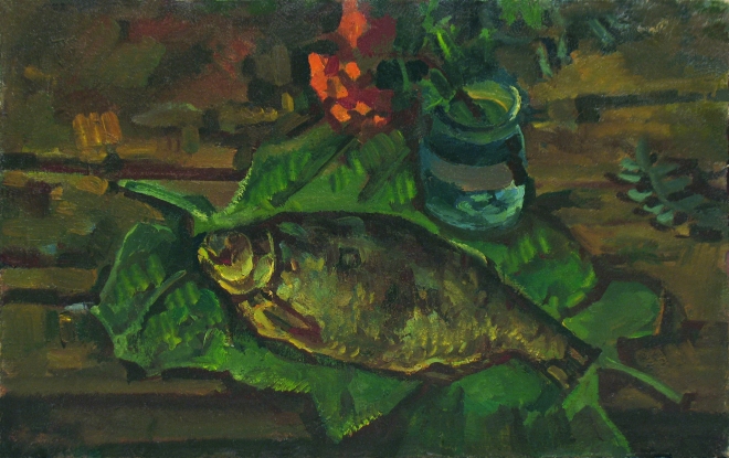 Картина маслом на холсте Натюрморт с рыбой на листьях