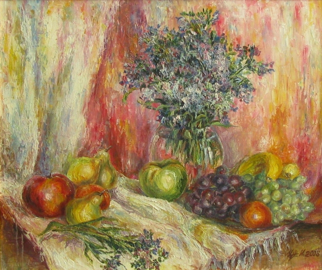 Картина маслом Полевые цветы с фруктами