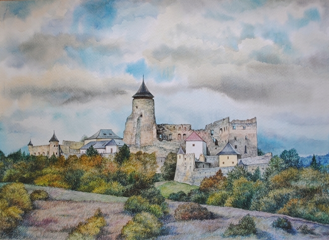 Картина акварелью Замок в Словакии
