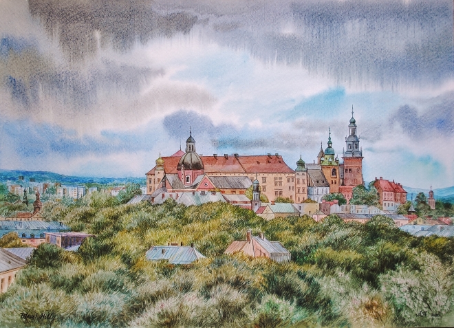 Картина акварелью Панорама Кракова