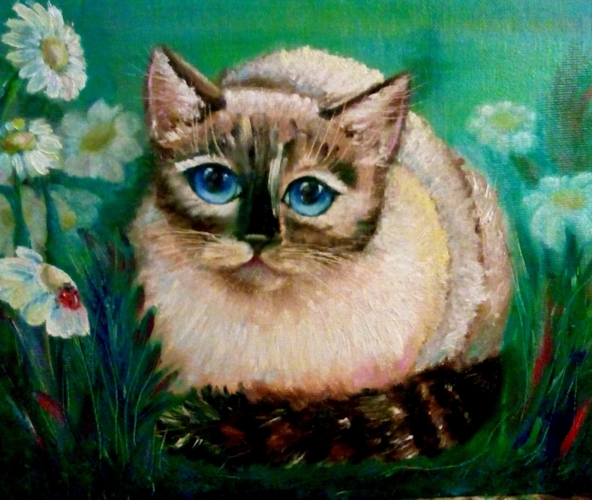 Картина маслом на холсте кошка в ромашках