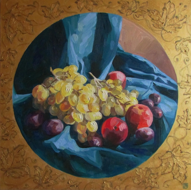 Картина маслом на холсте Виноград и яблоки