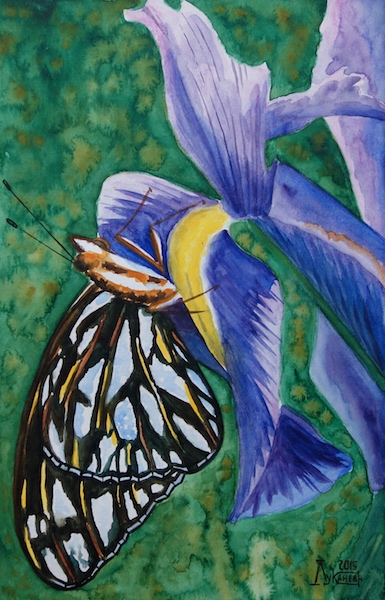 Картина акварелью Бабочка на ирисе