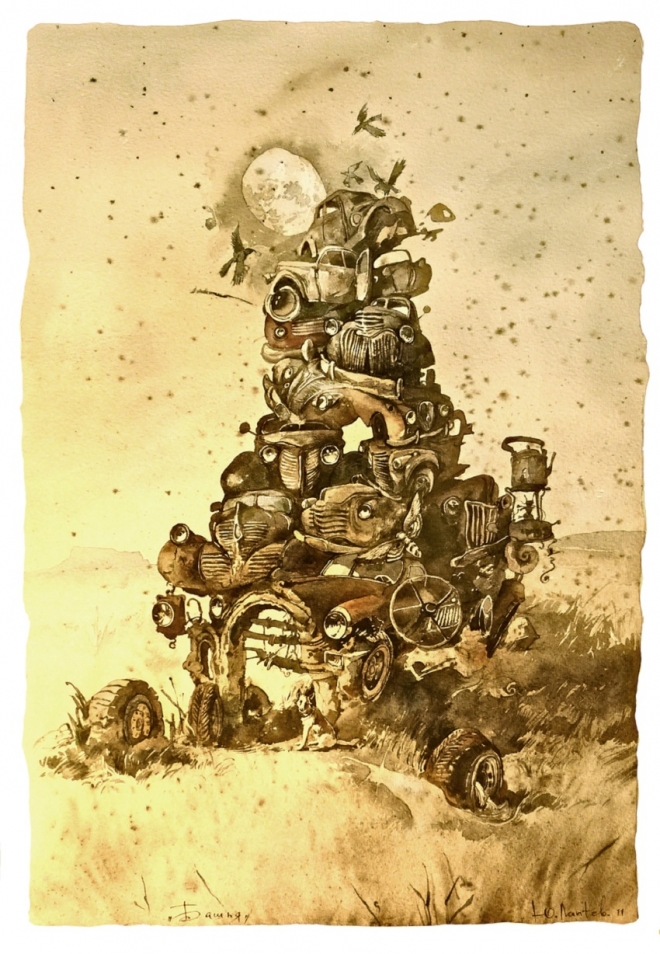 Картина акварелью Гараж или башня