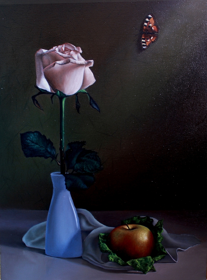 Картина маслом Натюрморт "Роза в голубой вазе"