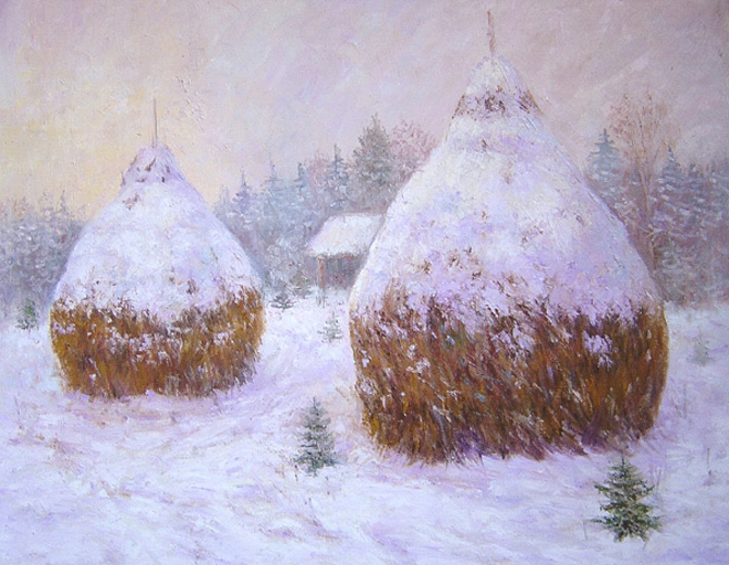 Картина маслом Стога сена зимой