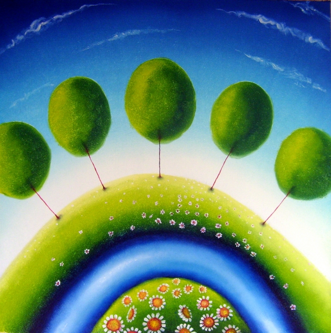 Картина маслом Жажда зелёного цвета. Лето с речкой