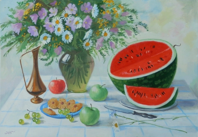 Картина на холсте Натюрморт с цветами и фруктами