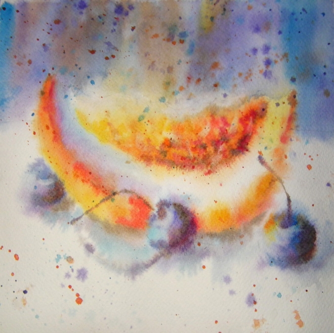 Картина акварелью "Дыня с вишнями"