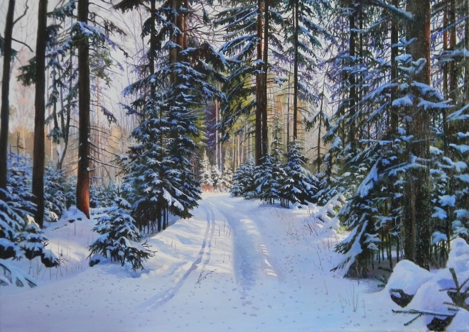 Картина маслом Зимняя дорожка в лесу