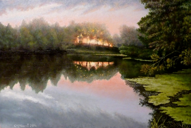 Картина маслом на холсте " Рассвет на реке Уза."