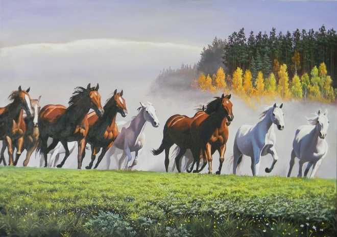 Картина маслом на холсте Бег лошадей
