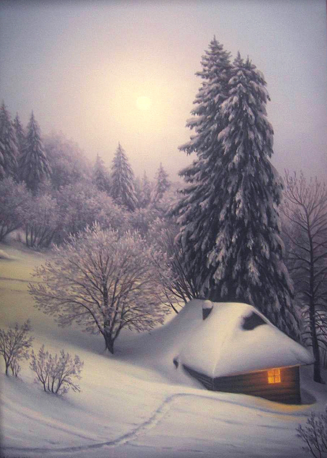 Картина маслом Зимняя с домиком