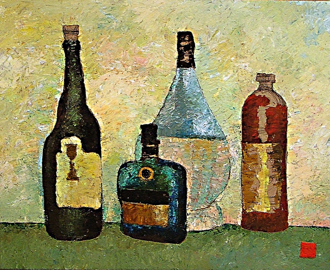 Картина маслом Натюрморт с бутылками.