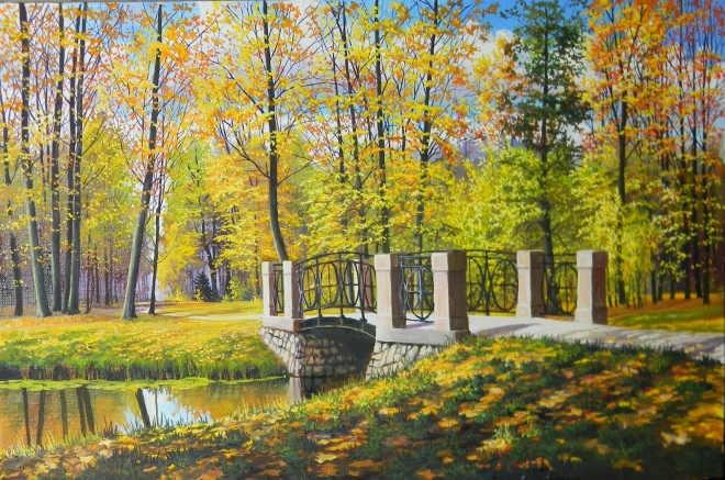 Картина маслом на холсте мостик в парке