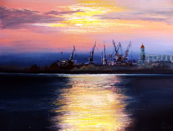 Картина маслом на холсте Вечерний порт
