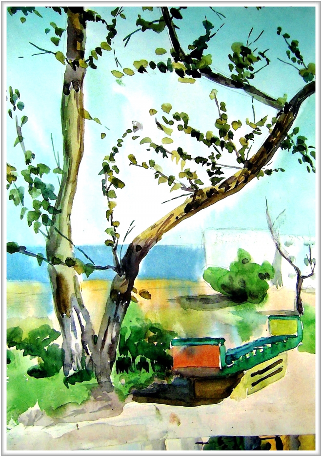 Картина акварелью Аллейка в Тамани
