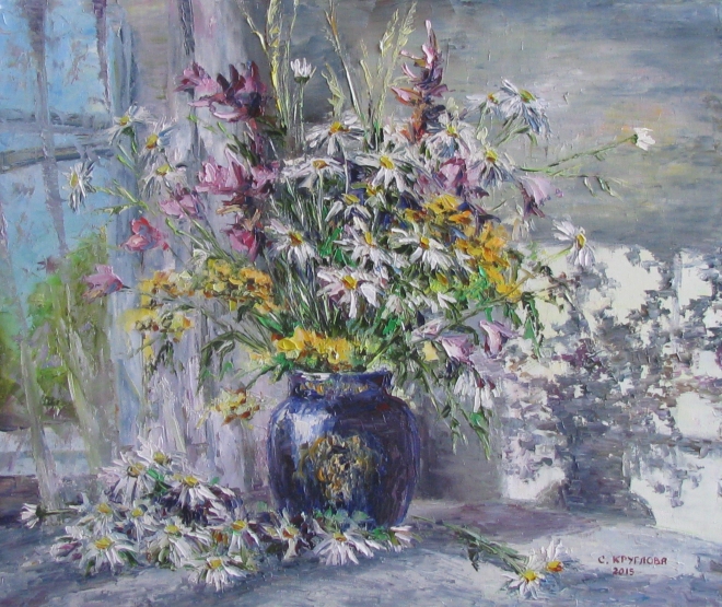 Картина маслом Полевые цветы в синей вазе