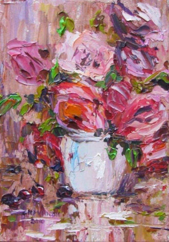 Картина маслом Розы и вишни на столе