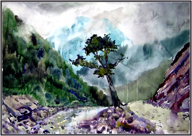 Картина акварелью Долина Шахе. июль