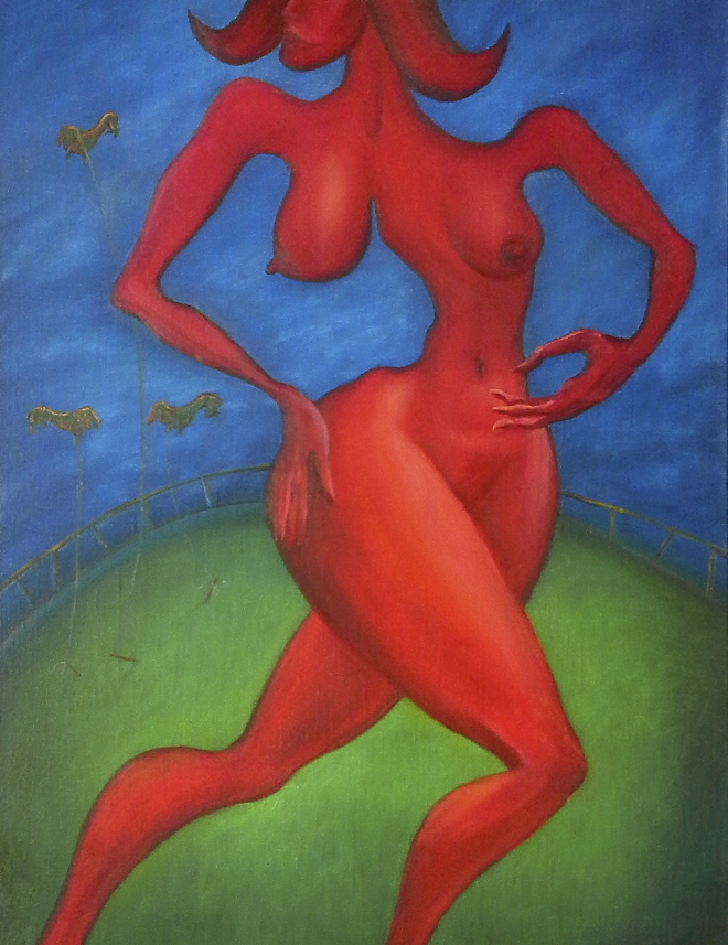 Картина маслом Селфи с красной фигурой и летающими таксами