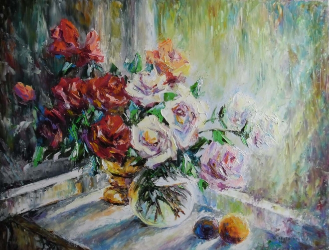 Картина маслом Белые и алые розы