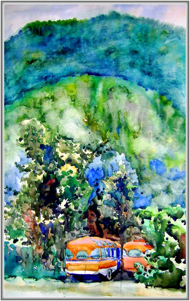 Картина акварелью Кичмай, жёлтые ПАЗы