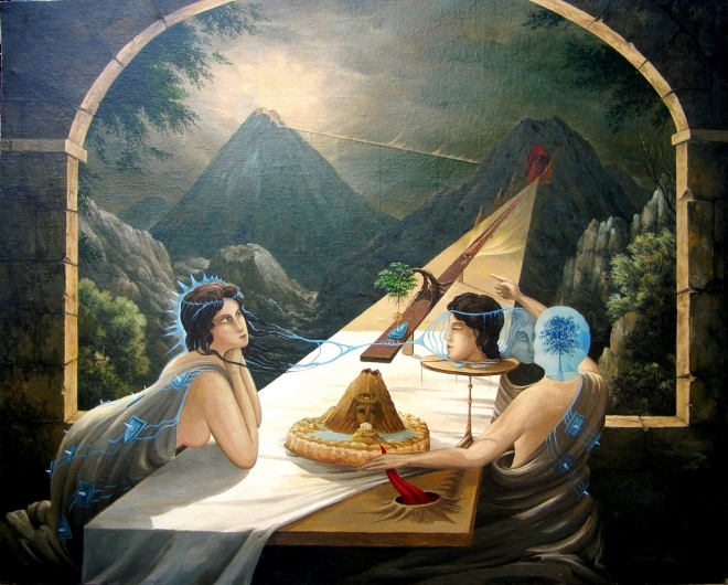 Картина маслом Медитация за столом.
