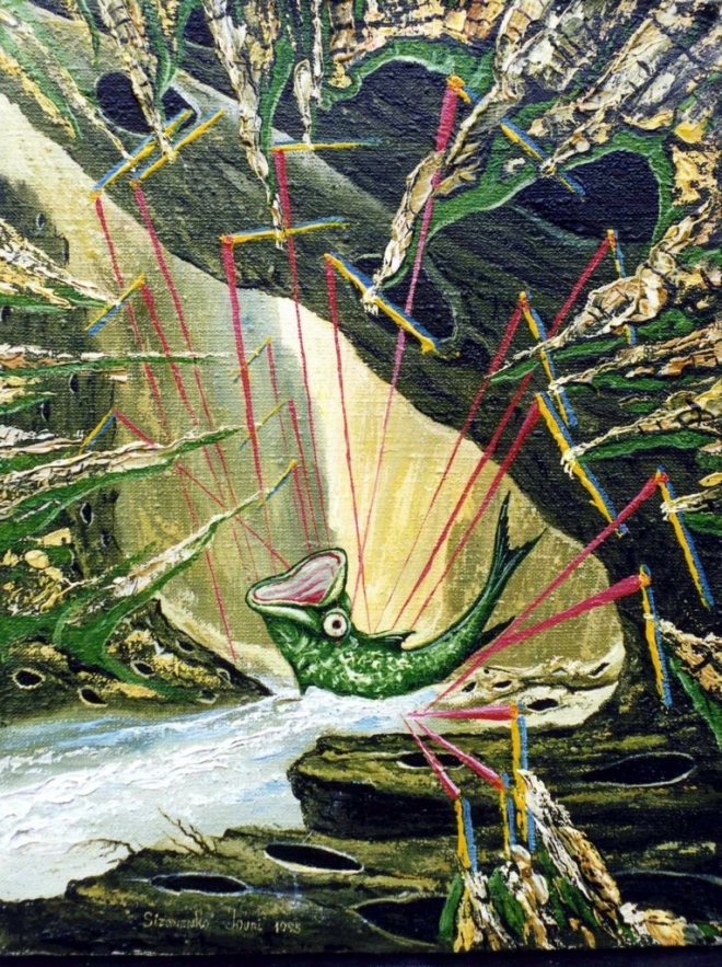 Картина маслом Ловля рыбы в горах на красную леску.