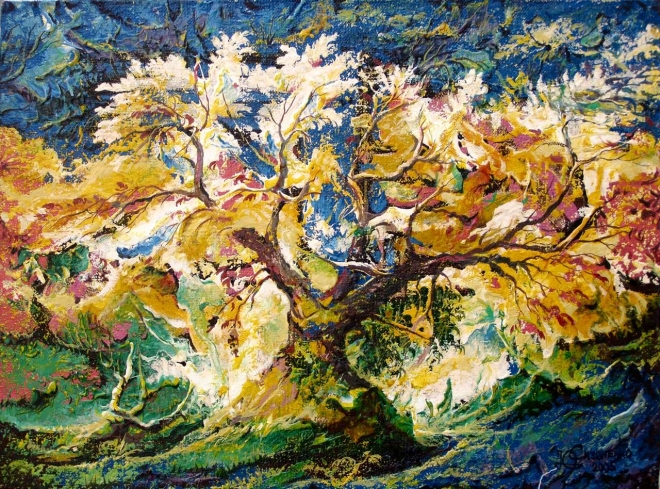 Картина маслом Дерево в солнечных лучах.