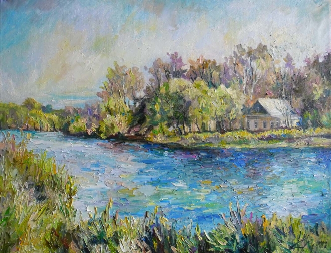 Картина маслом Дом у пруда в Подмосковье