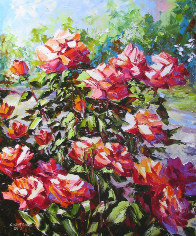 Картина маслом Красные розы в саду