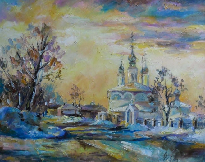 Картина маслом на холсте Закат над Архангельской церковью