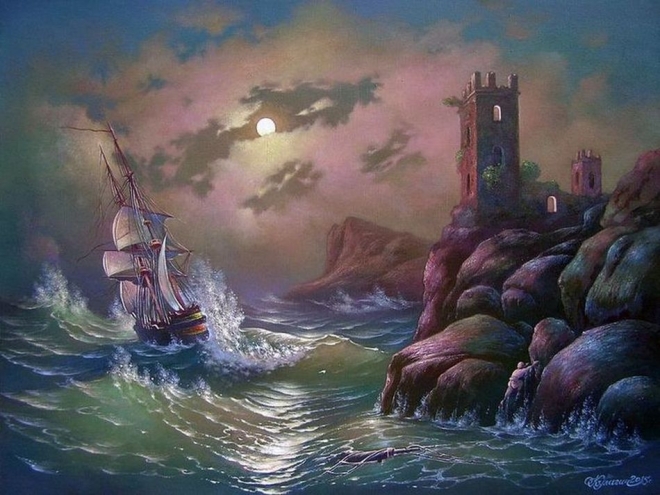 Картина маслом Бурное море в лунную ночь.